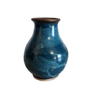 Modern Stoneware Pottery Vase Signed CHAR 2023 Teal Drip Swirl Glaze 5.5"